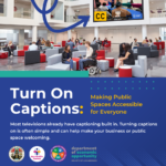 Graphic showing people gathered in a public space with a TV showing closed captions.