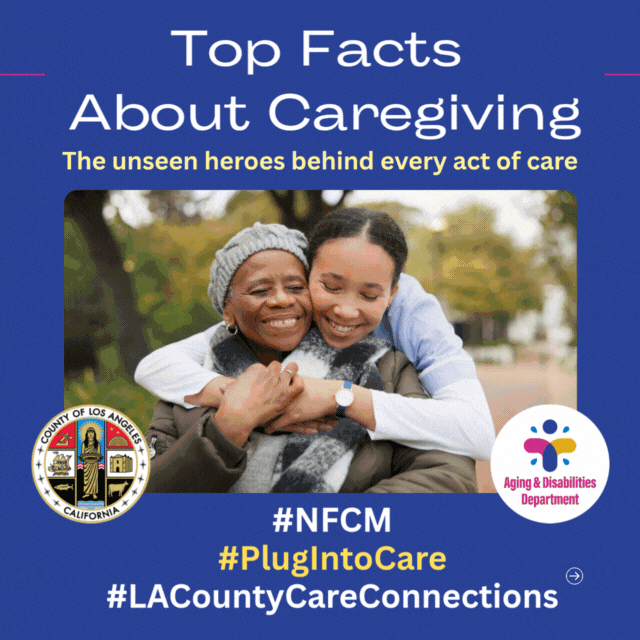 Animated graphic celebrating caregivers with facts about caregiving and messages of appreciation for National Family Caregivers Month.