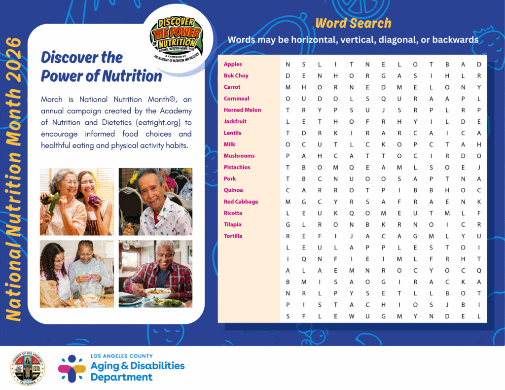 2026 National Nutrition Month placemat with word search activity.