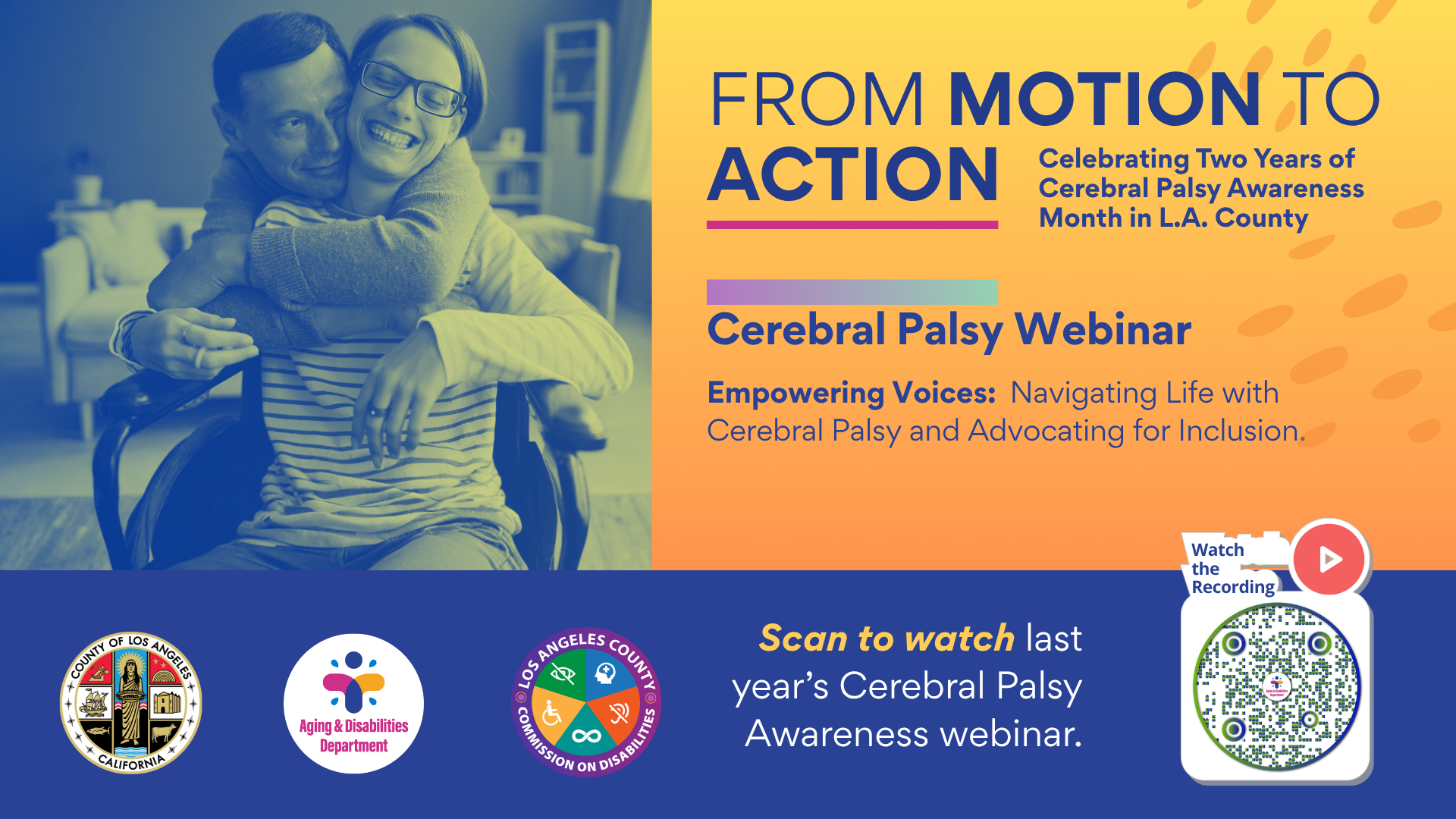A man hugs a woman sitting in a wheelchair on a flyer for the Cerebral Palsy Awareness Webinar.