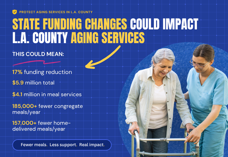 A flyer on a blue background about state funding changes for aging services in L.A. County