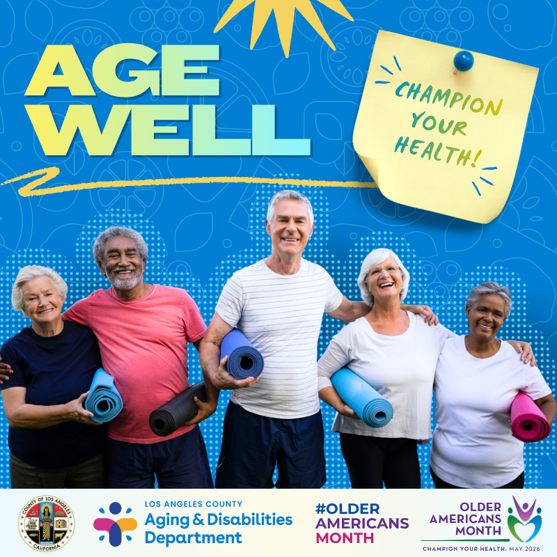 A group of diverse older adults hold yoga mats on a graphic with a bright blue background that says Age Well and Champion Your Health.