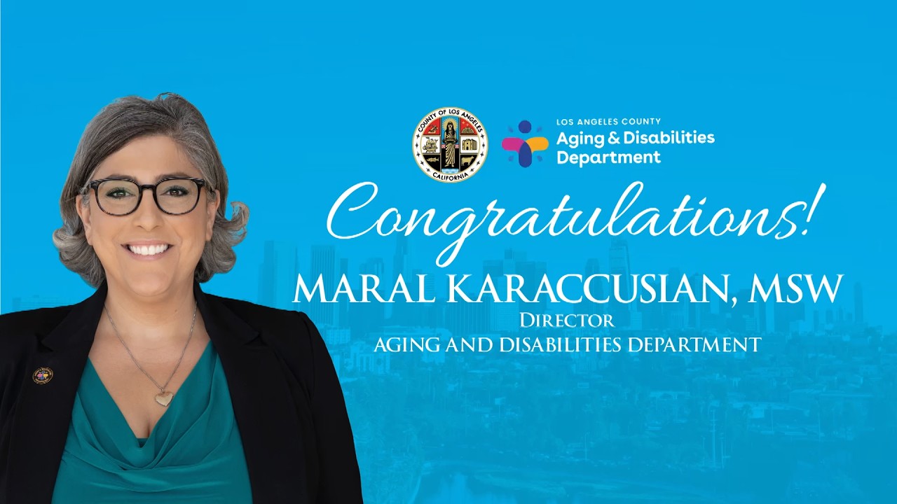 Thumbnail for the Youtube video of AD Maral Karaccusian's Oath Ceremony. A woman in a suit and glasses stands in front of a bright blue background.