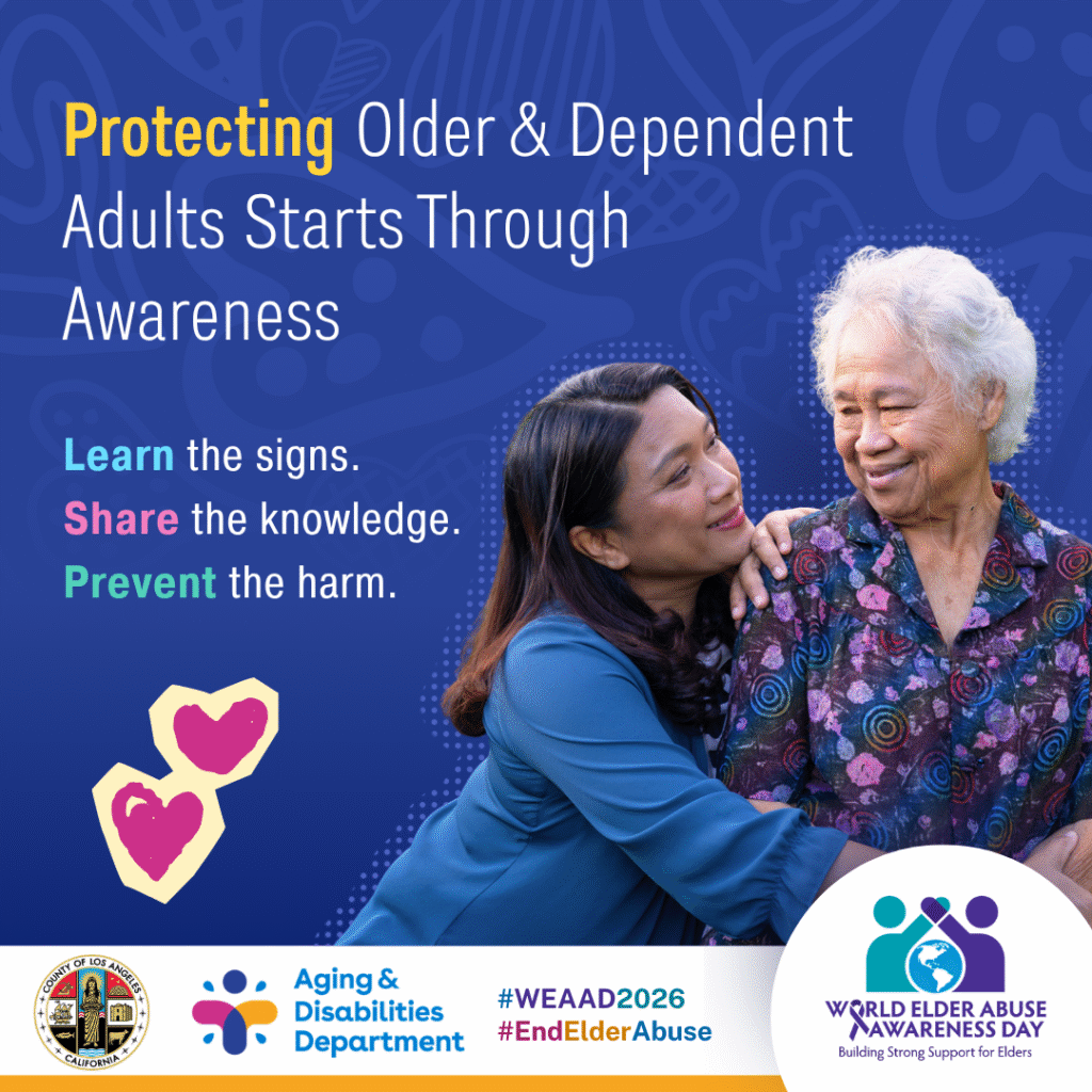 Poster promoting elder abuse awareness: caregiver hugging smiling older woman, with text urging learning signs, sharing knowledge, and preventing harm.