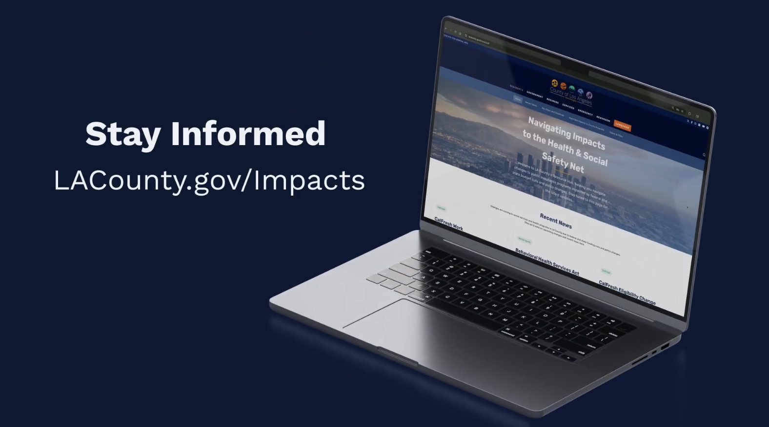 An image on a dark blue background with an open laptop showing the new L.A. County resource hub website.