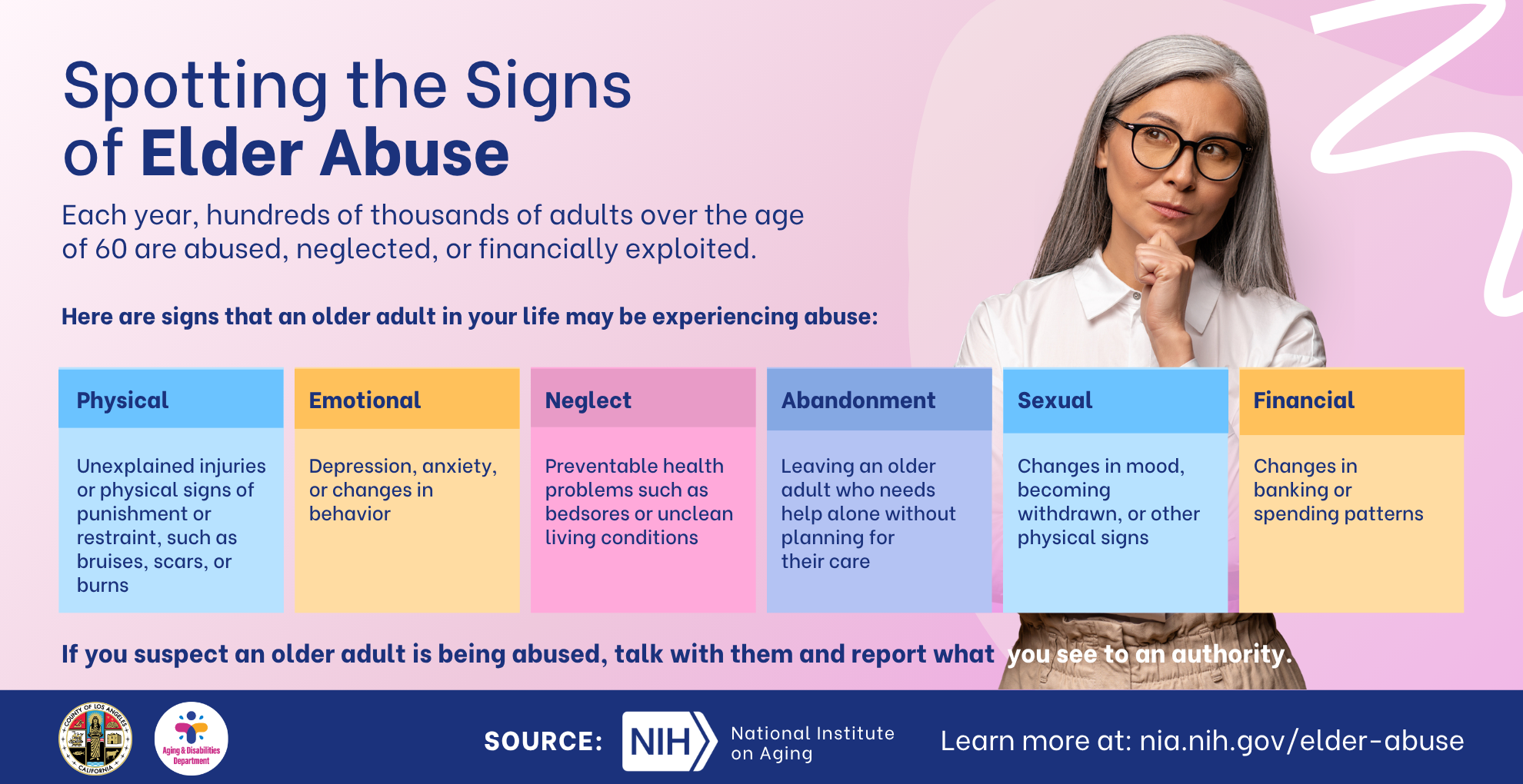 A woman with gray hair looks pensively on a light pink image with information about spotting the signs of elder abuse