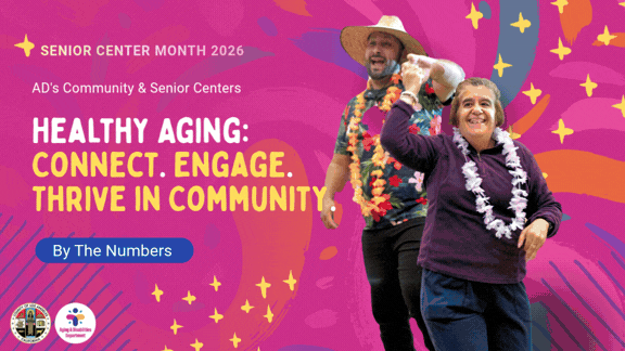 Colorful animated graphic showing Senior Center Data from 2025-2026